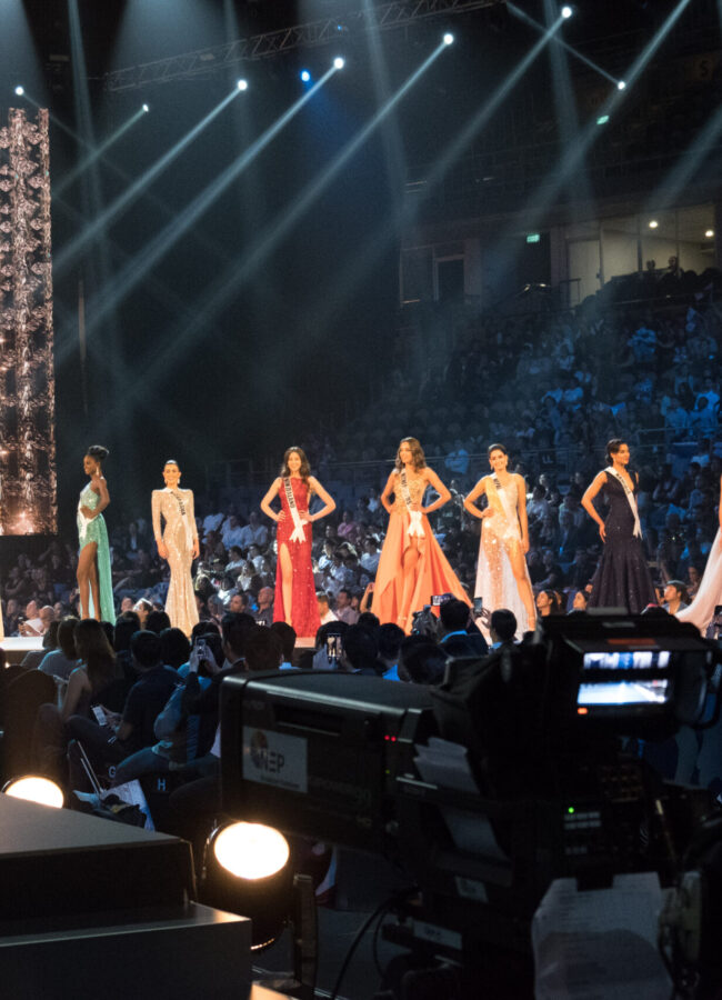 Romina Lozano, Miss Peru 2018; Maria Belen Alderete Gayoso, Miss Paraguay 2018; Rosa Iveth Montezuma, Miss Panama 2018; Susanne Næss Guttorm, Miss Norway 2018; Aramide Lopez, Miss Nigeria 2018; Adriana Paniagua, Miss Nicaragua 2018; Estelle Curd, Miss New Zealand 2018; Rahima Dirkse, Miss Netherlands 2018; Manita Devkota, Miss Nepal 2018; Selma Kamanya, Miss Namibia 2018; Hnin Thway Yu Aung, Miss Myanmar 2018; and Dolgion Delgerjav, Miss Mongolia 2018 compete on stage in their evening gown during the MISS UNIVERSE® Preliminary Competition at IMPACT Arena in Bangkok, Thailand on Thursday, December 13th. The Miss Universe contestants have been touring, filming, rehearsing and preparing to compete for the Miss Universe crown in Bangkok, Thailand. Tune in to the FOX telecast at 7:00 PM ET live/PT tape-delayed on Sunday, December 16, 2018 from the IMPACT Arena in Bangkok, Thailand to see who will become the next Miss Universe. HO/The Miss Universe Organization