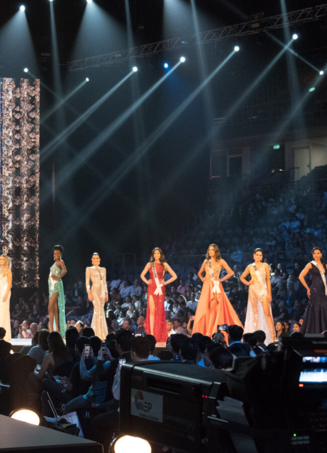 Romina Lozano, Miss Peru 2018; Maria Belen Alderete Gayoso, Miss Paraguay 2018; Rosa Iveth Montezuma, Miss Panama 2018; Susanne Næss Guttorm, Miss Norway 2018; Aramide Lopez, Miss Nigeria 2018; Adriana Paniagua, Miss Nicaragua 2018; Estelle Curd, Miss New Zealand 2018; Rahima Dirkse, Miss Netherlands 2018; Manita Devkota, Miss Nepal 2018; Selma Kamanya, Miss Namibia 2018; Hnin Thway Yu Aung, Miss Myanmar 2018; and Dolgion Delgerjav, Miss Mongolia 2018 compete on stage in their evening gown during the MISS UNIVERSE® Preliminary Competition at IMPACT Arena in Bangkok, Thailand on Thursday, December 13th. The Miss Universe contestants have been touring, filming, rehearsing and preparing to compete for the Miss Universe crown in Bangkok, Thailand. Tune in to the FOX telecast at 7:00 PM ET live/PT tape-delayed on Sunday, December 16, 2018 from the IMPACT Arena in Bangkok, Thailand to see who will become the next Miss Universe. HO/The Miss Universe Organization